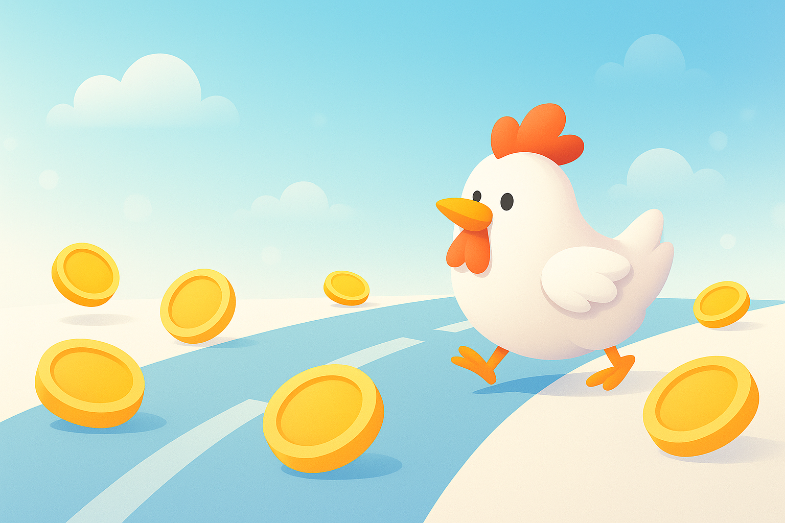 Hens Sprint Spielszene mit Huhn, Landstraße, Münzen und Hügeln im Paper-Cutout-Stil